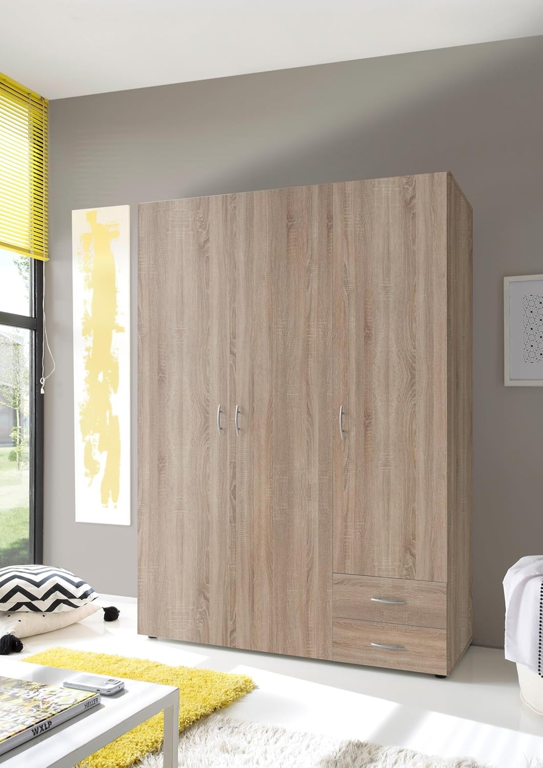 Wardrobe 3 Doors and 2 Drawers | Modern Bedroom Wardrobe 121 x 177 x 51 cm (W x H x D) | Large Storage Space with Clothes Rail | Colour Oak