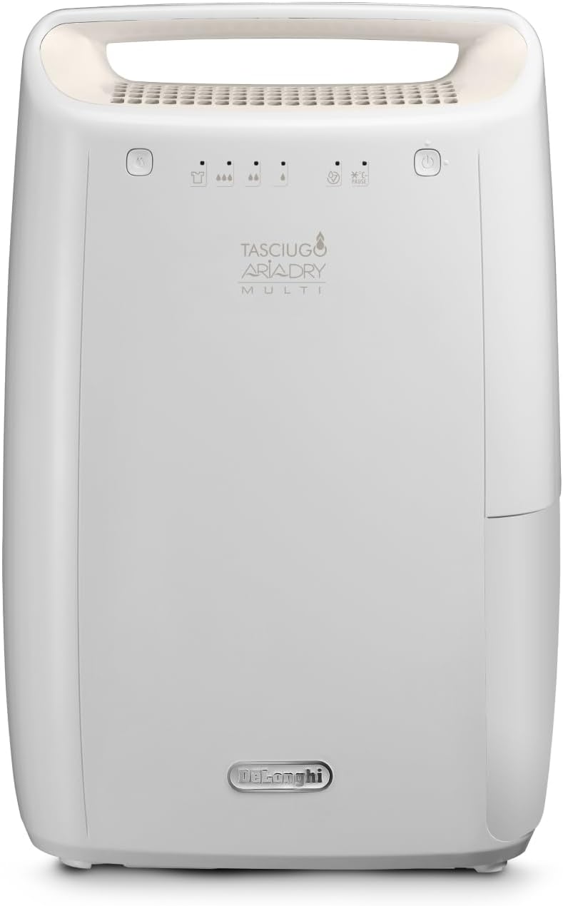 De'Longhi Tasciugo AriaDry - Deumidificatore Casa Portatile con Sistema di Filtrazione a 3 Azioni, Assorbi Umidità 10L/Giorno, Asciugabiancheria, Antimuffa, Bassa Rumorosità, Bianco (DEX210SF)
