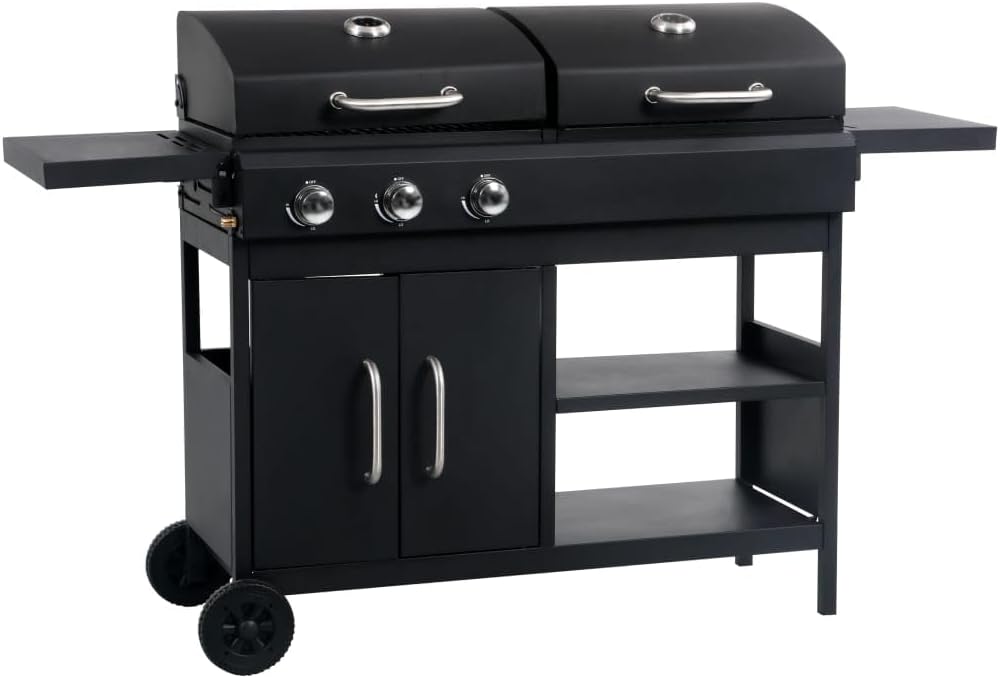 vidaXL Barbecue Combinato Carbone e Gas 3 Fuochi Cappe Termometro Tavolini Robusto Resistente Griglia Ibrida per Esterni Grill in Acciaio