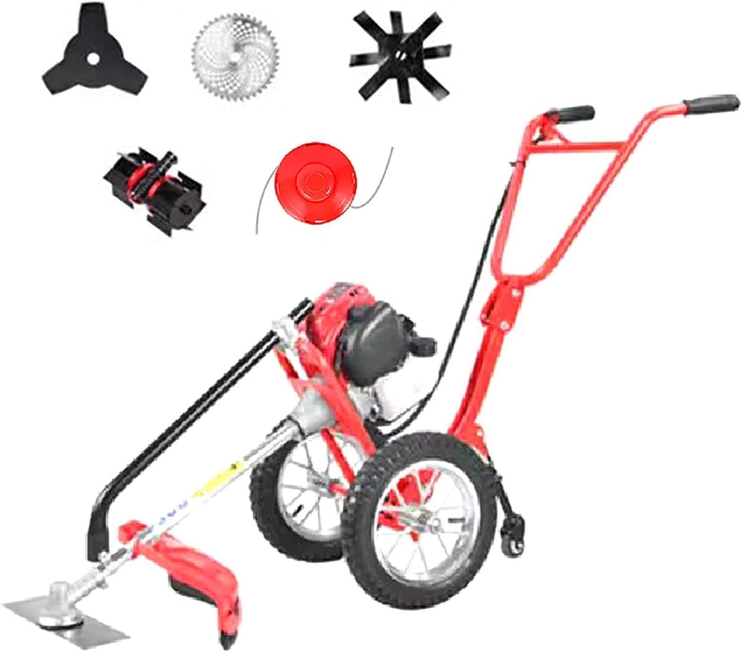 Portatile in mano Tosaerba a benzina, tosaerba a 4 tempi con guida da terra 4 lame di falciatura + ruota for diserbo + arieggiatore piccolo diserbo multifunzionale for giardino con prato frutteto