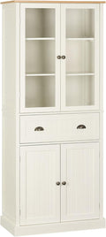 HOMCOM Mobile Dispensa a 5 Livelli con Cassetto Centrale, Dispensa per Cucina, Sala da Pranzo e Soggiorno con Ripiani Regolabili e Ante in Vetro Temperato, 76x40x182.5 cm, Bianco Crema