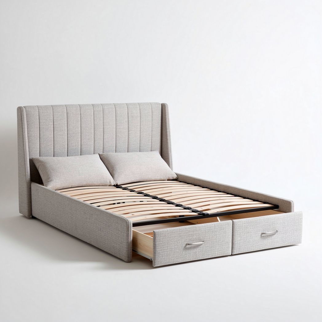 Letto imbottito con contenitore per camera da letto – tessuto grigio – 200 x 160 x 100 cm