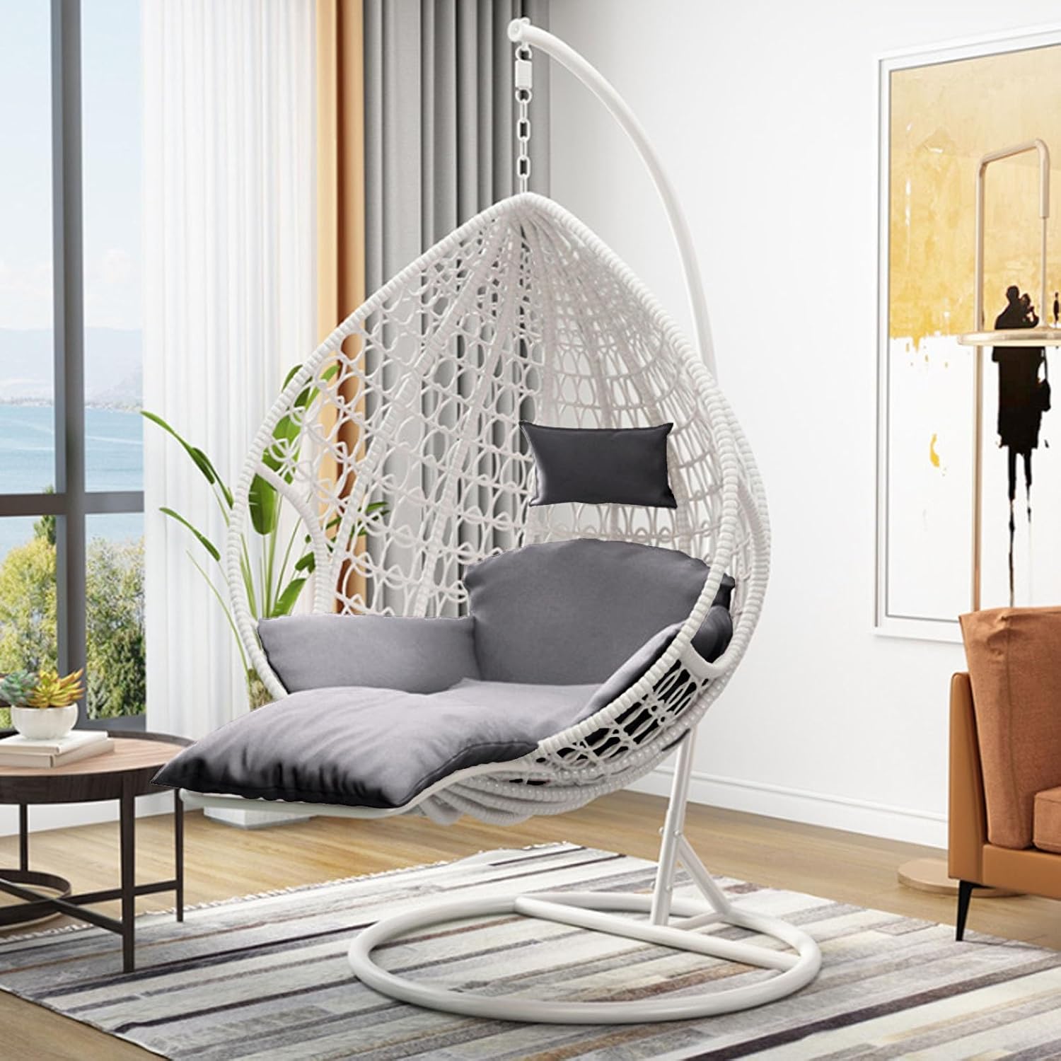 Sedia a uovo sospesa con supporto, rattan sintetico e tubo in acciaio, sedia a dondolo imbottita per esterni, patio, giardino o balcone