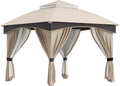 Outsunny Garden Gazebo 3 x 3 m Steel with Double Canopy with Nets and Curtains Included, Beige and Coffee