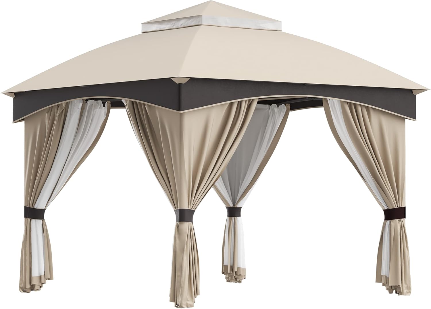 Outsunny Garden Gazebo 3 x 3 m Steel with Double Canopy with Nets and Curtains Included, Beige and Coffee