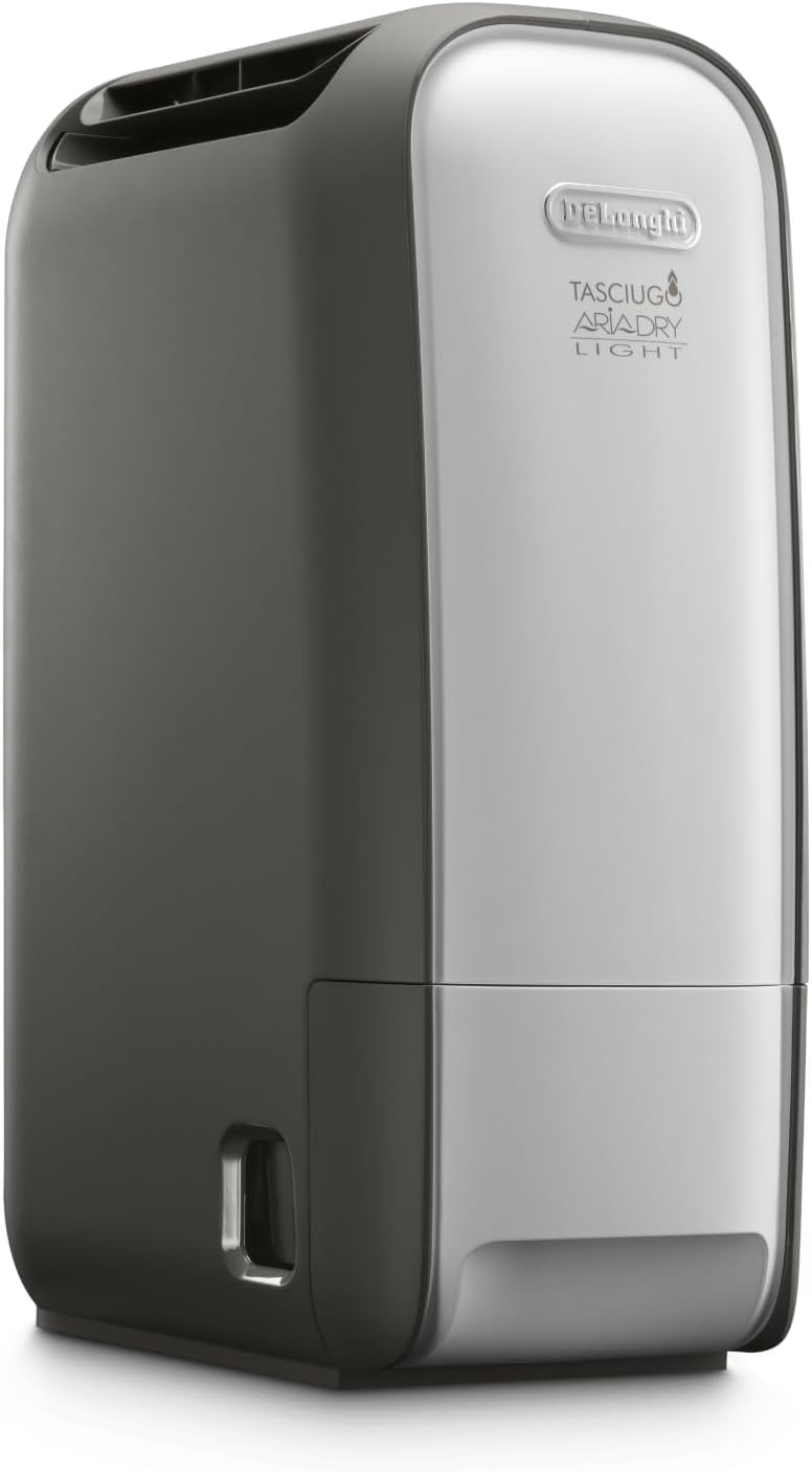 De'Longhi Tasciugo AriaDry Light - Deumidificatore Casa Portatile, Tecnologia Zeolite e Ionizzatore, 7.5L/Giorno, Asciugabiancheria, Antimuffa, Silenzioso, Funzione Swing, Timer, Grigio (DNS80)