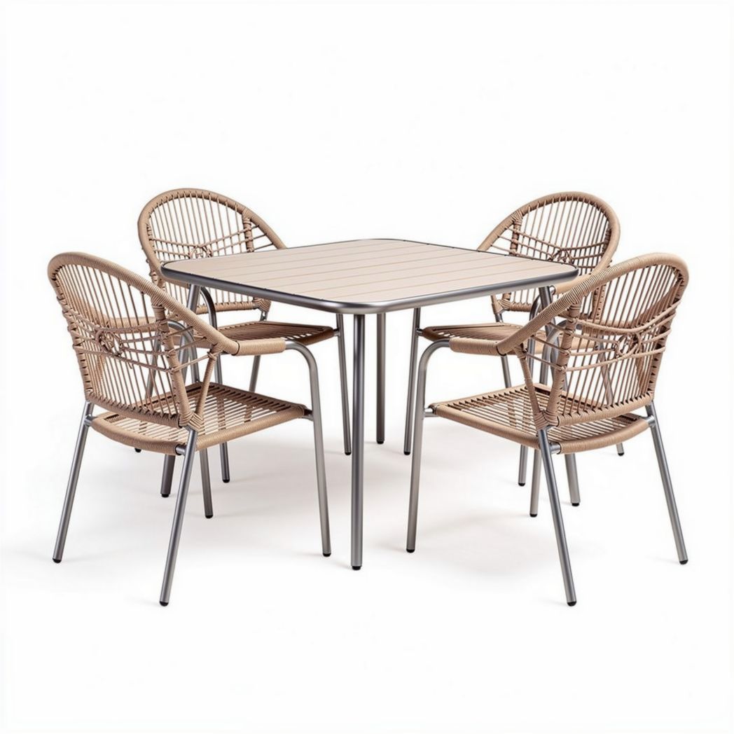 Tavolo da pranzo quadrato in alluminio con sedie in rattan – 90 x 90 x 75 cm