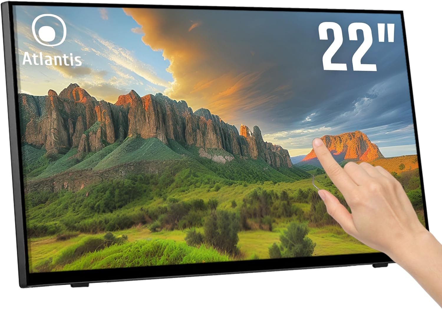 ATLANTIS A05-T22A-VHDM Monitor Touch 22 pollici, schermo 22, Touchscreen 10 tocchi, Full HD 1920x1080, HDMI VGA DP, inclinabile 15°-50°, Vetro Protettivo 7H, Contrasto 1000:1,Angolo 178/178,Vesa 100