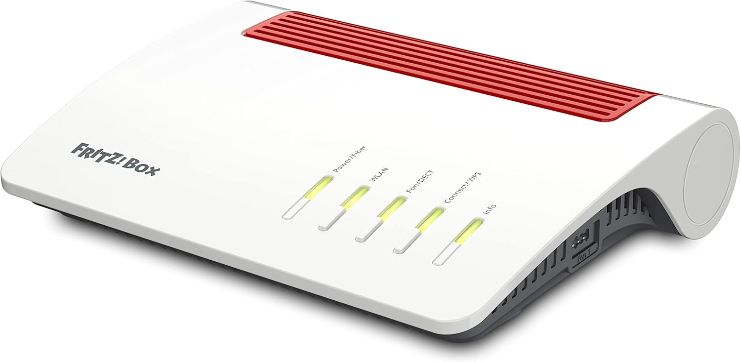 AVM FRITZ!Box 5590 Fiber (Wi-Fi 6 modem in fibra ottica (WLAN AX), fino a 2.400 Mbit/s (5 GHz) e 1.200 Mbit/s (2,4 GHz), rete Wi-Fi, base DECT, porta 2,5 Gigabit, bianco, adatto per la Germania)