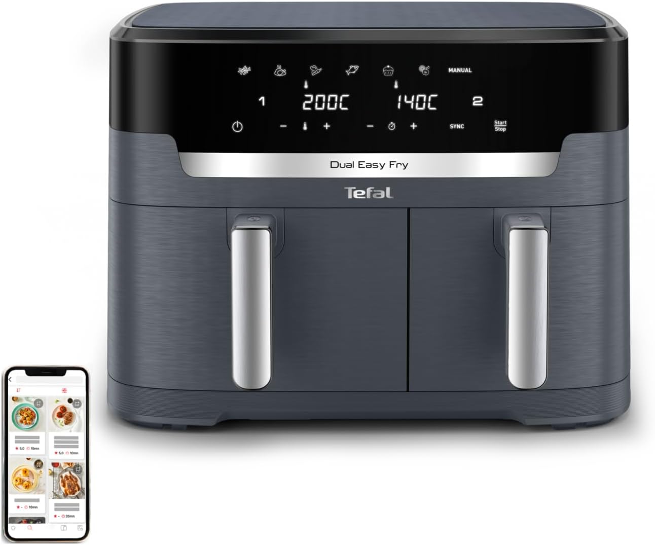 Tefal Dual Easy Fry XXL Friggitrice ad aria calda a doppia camera, capacità 11 litri, cassetto da 6,5 l + cassetto da 4,5 l, 99% in meno di grasso, 7 impostazioni automatiche, lavabile in
