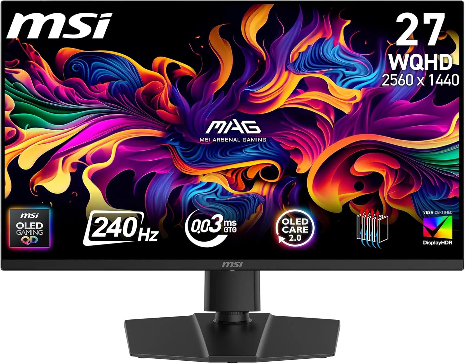 MSI MAG 273QP QD-OLED X24, monitor Gaming 26,5 WQHD (2560 x 1440) QD OLED, refresh rate 240 Hz, tempo di risposta 0,03 ms, 99% DCI-P3, E ≤ 2 - DisplayHDR True Black 400, DisplayPort 1.4a, HDMI 2.1