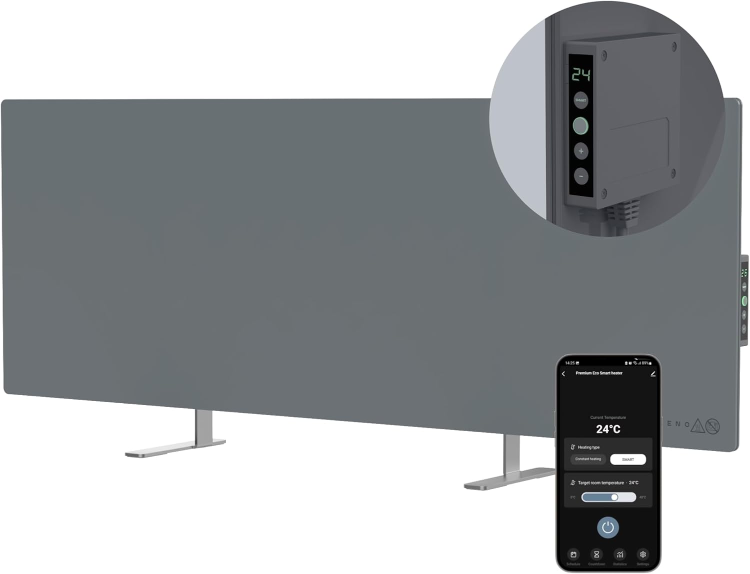 AENO Smart LED Pannello Radiante Infrarossi con WiFi 700W Risparmio Energetico ed Ecologico Riscaldatore Montaggio a Parete Orizzontale/Verticale o Autoportante Vincitore del Reddot 2023, Grigio