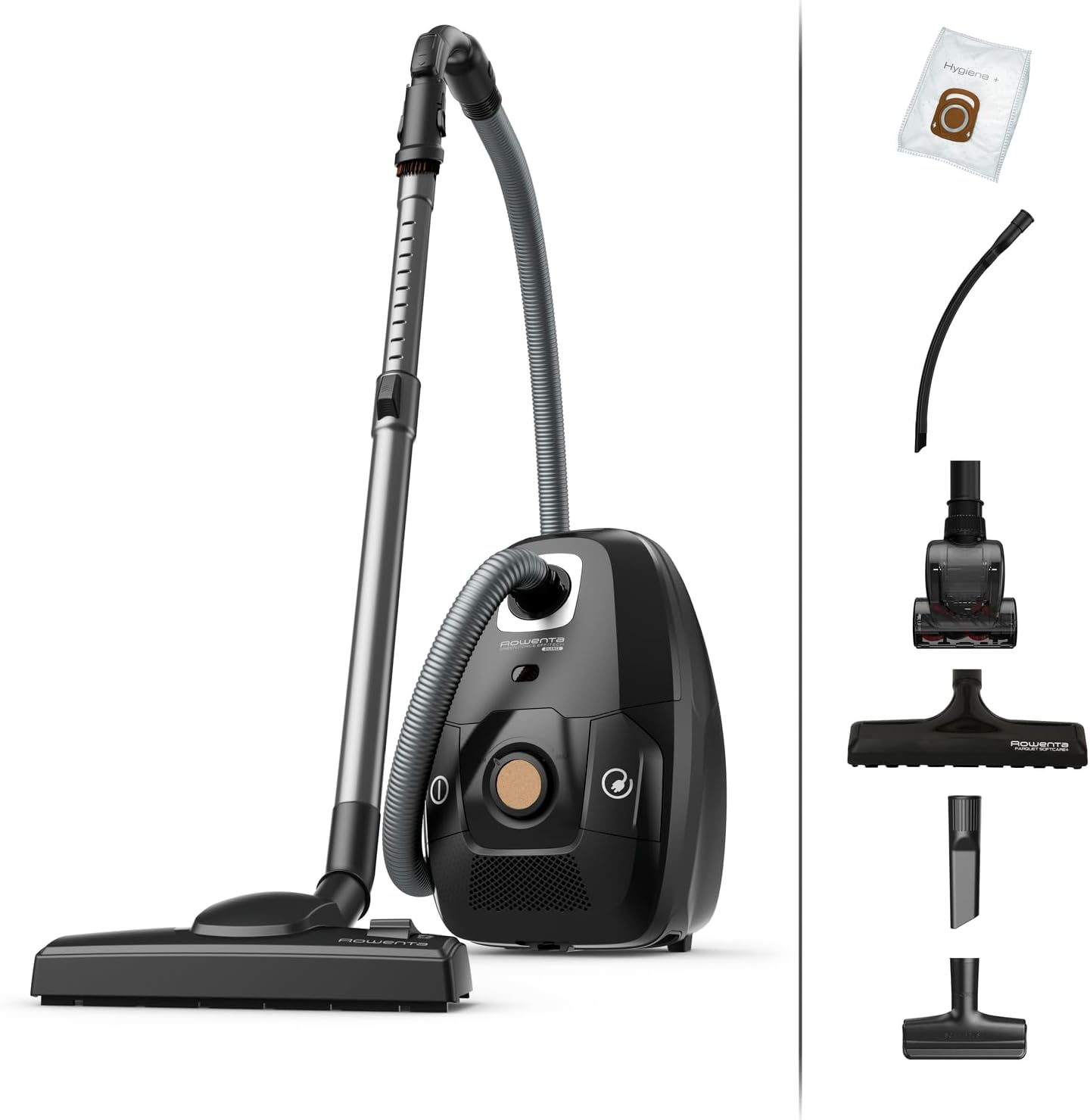 Rowenta RO6189EA Green Force Effitech, Aspirapolvere a Traino, 4,5 L, 400 W, 64 dB(A), Motore Effitech, Design Compatto, Potente, Silenzioso e Ecologico, Filtro Hepa, 6 Accessori Inclusi