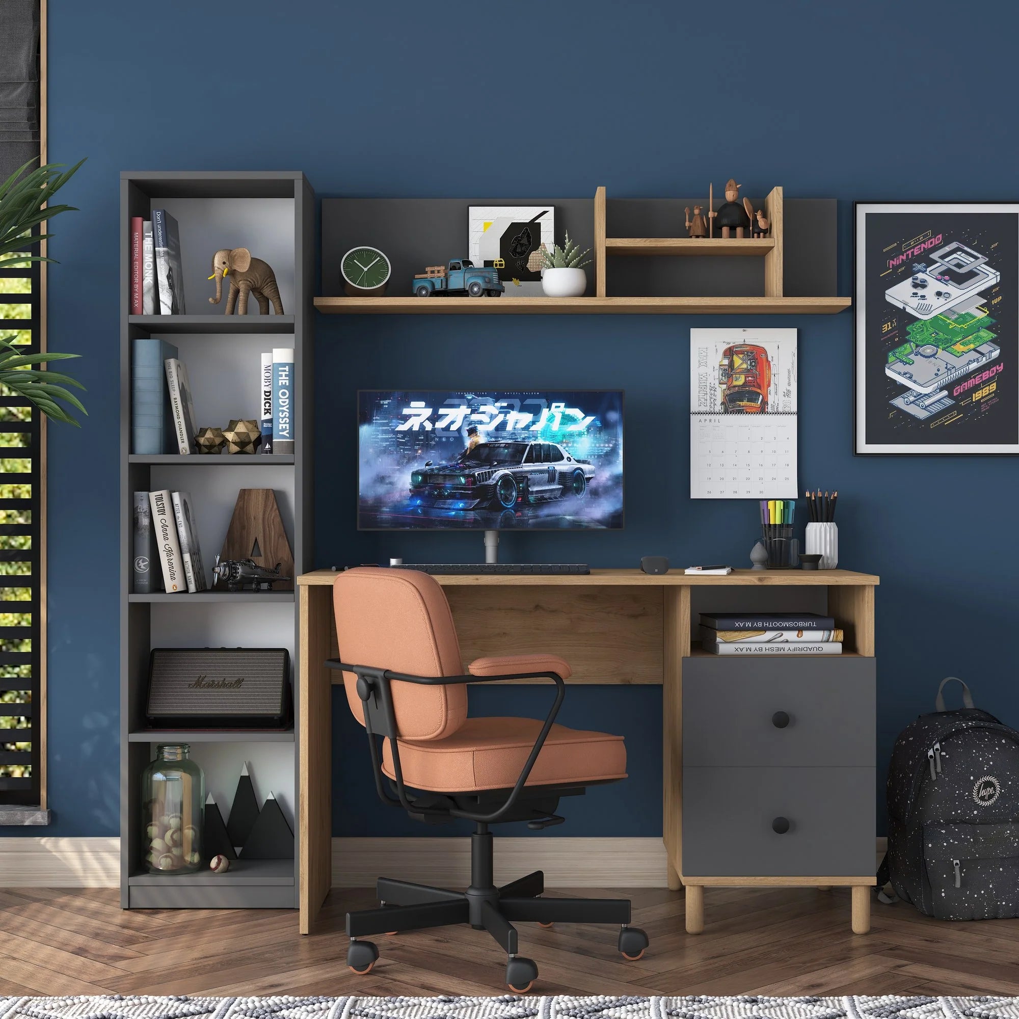 Composizione studio moderna con scrivania libreria e mensola antracite e naturale