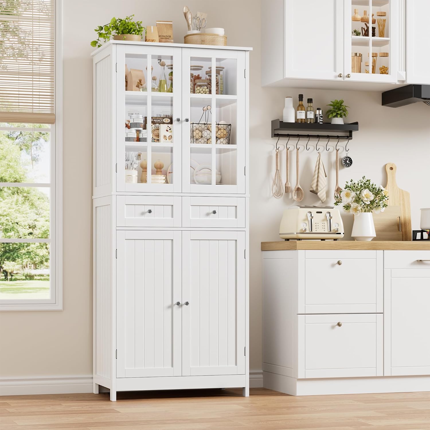HOCSOK Credenza Cucina, 180 cm Alta Mobile Dispensa con 2 Ante in Vetro, Mobile Buffet con 4 Ante e 2 Cassetti, per Sala da Pranzo, Ufficio, Soggiorno, Moderno, Bianco