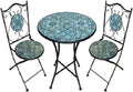Set of Round Table with 2 Chairs in Metal and Ceramic Mosaic Garden Furniture Blue Sea Terrace Balcony Bar Pub Hotel