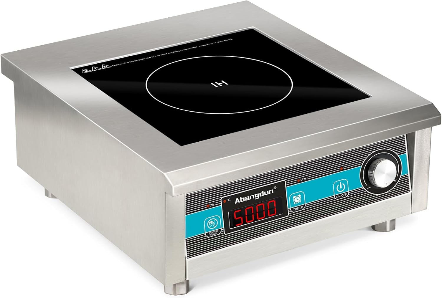 Piano cottura a induzione commerciale, 5000 W, 220 V ~ 240 V, piastra professionale a induzione con 20 livelli di potenza, 60 – 260 °C, timer 18 ore, acciaio inox e vetro, per gastronomia, ristorante
