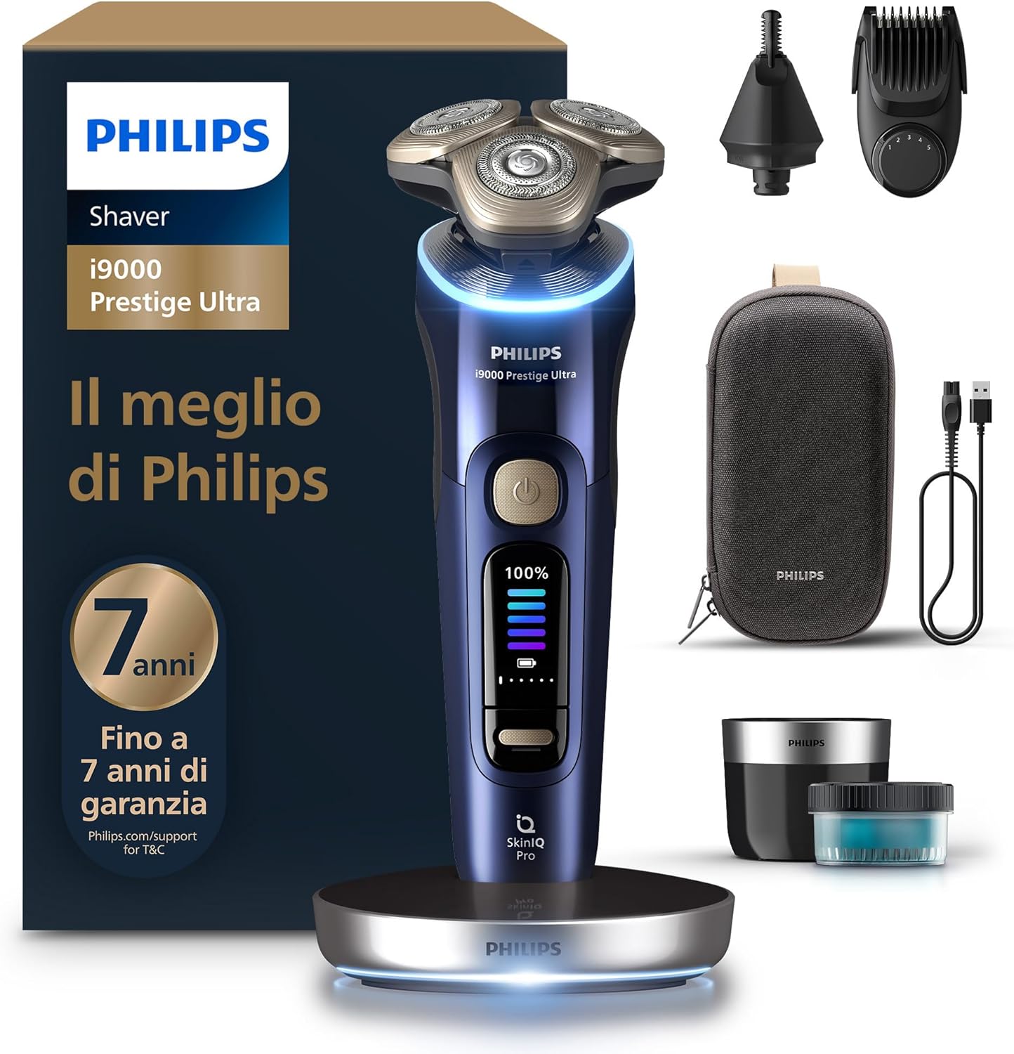 Philips Shaver i9000 Prestige Ultra, rasoio elettrico Wet  Dry, tecnologia Skin IQ Pro, triplo sistema Lift  Cut, lame di precisione NanoTech 360º, 5 modalità di rasatura, moo XP9401/38