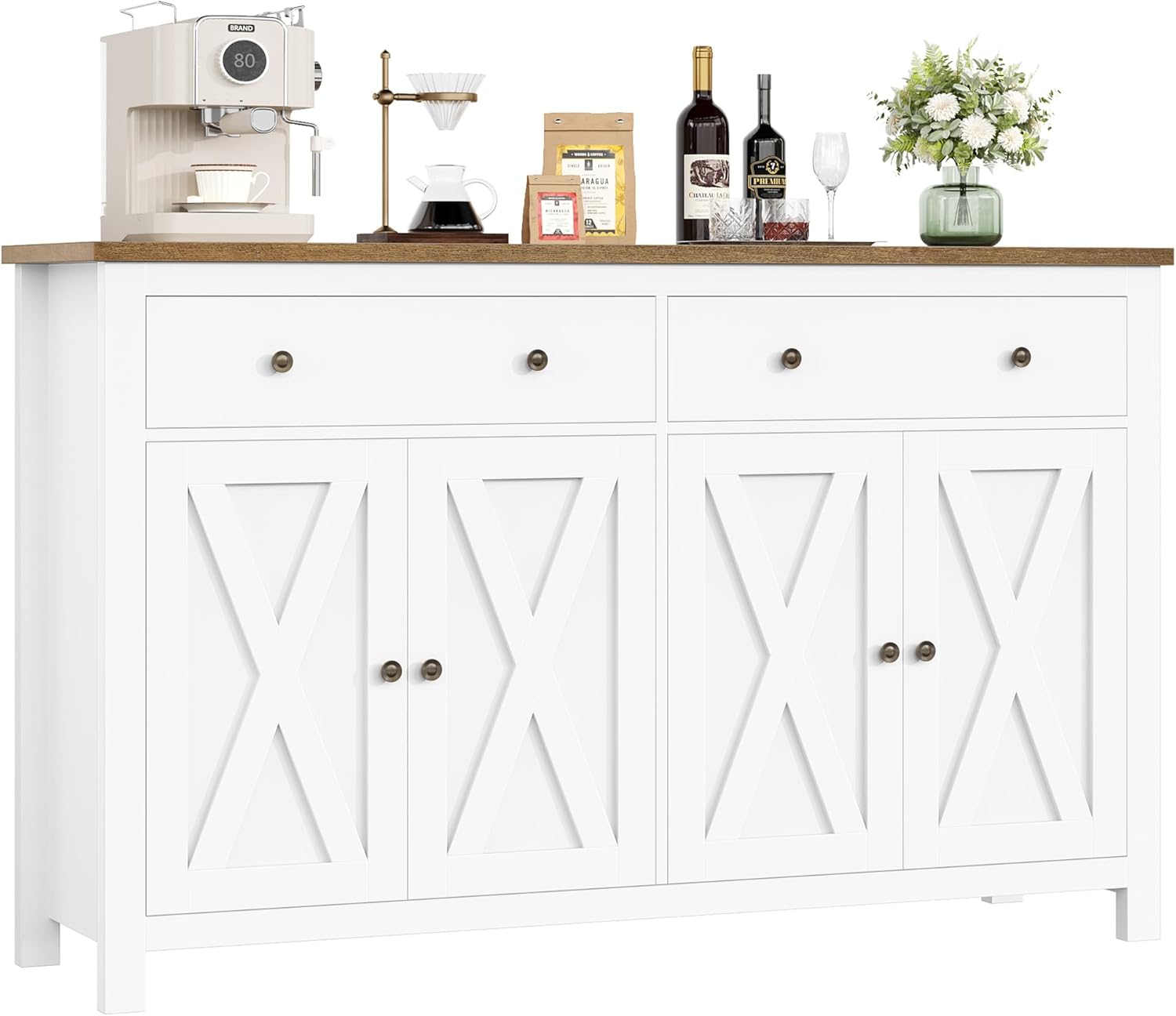 FirFurd Larga 140cm Mobile Cucina, Credenza Cucina con 2 Cassetti e 4 Ante, Moderno Buffet Mobile con Ripiani Regolabili e Rimovibile, Per Cucina, Sala da Pranzo, Soggiorno, 140x40x89cm, Bianco