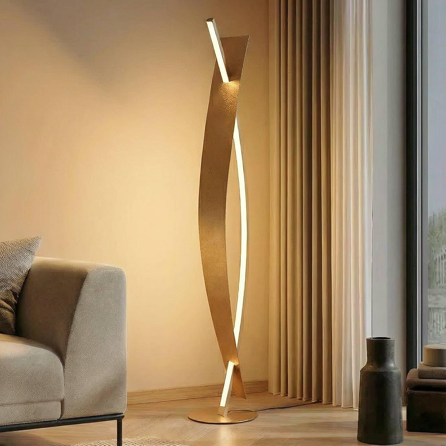 LED floor lamp 'Marija' dimmable (modern) colour gold metal e.g. living room  dining room (1 light, bulb included) by Lucande | LED floor lamp