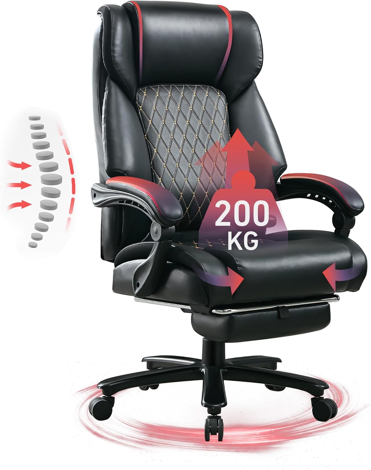Sedia da Ufficio Esecutiva 200 kg con Supporto Lombare, Schienale Alto, Imbottitura Spessa, Robusta Base in Metallo, Ruote Silenziose, Sedia da Scrivania Ergonomica