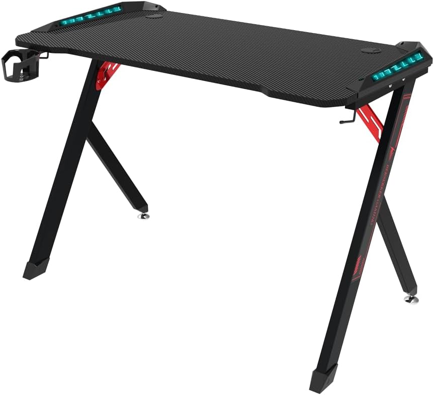 Scrivania da Gaming Premium, 113 x 60 x 75 cm, LED RGB, Gestione Cavi, Nero