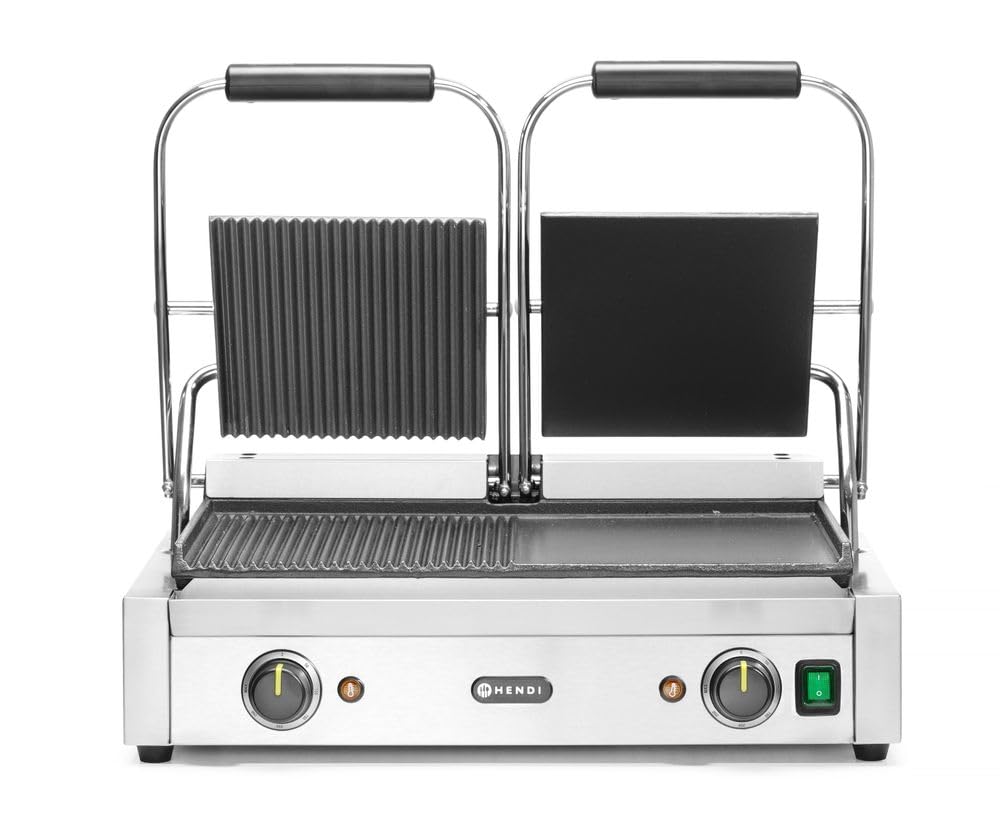 HENDI Piastra Elettrica a Contatto Doppia, Grill/Griglia Panini Professionale, Piastre Liscia e Rigata in Ghisa Smaltata, 230V, 3600W, 570x375x(H)216mm, Acciaio Inox