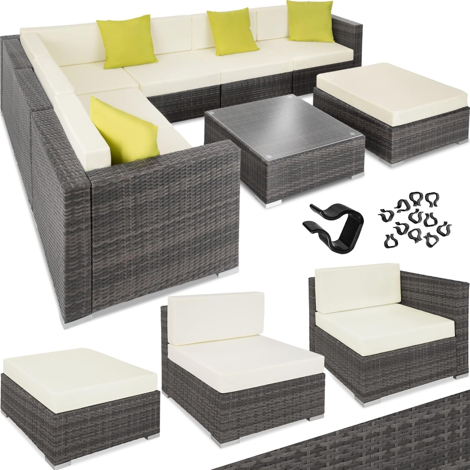 TecTake® Marbella Polyrattan Garden Lounge Set, Aluminium Frame, Coffee Table with Glass Shelf, Comfortable Armchairs, Cushions Accessories Included – Grey