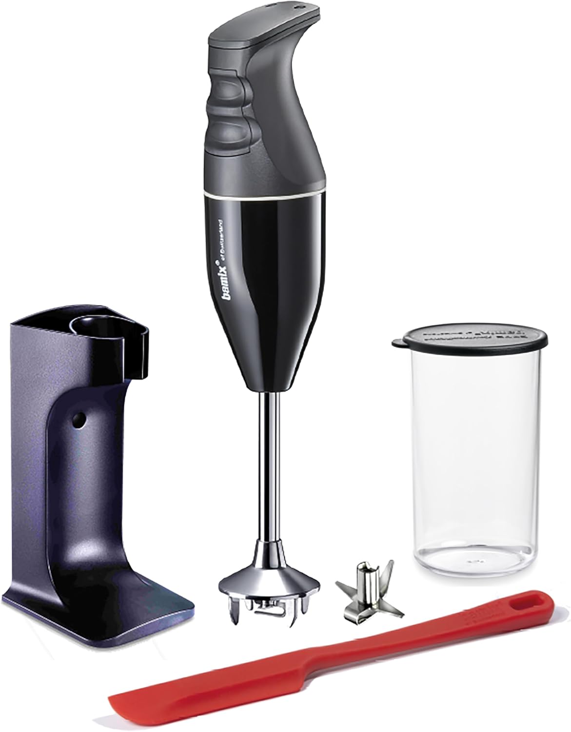 bamix Set frullatore a immersione EO180 Classic Plus con supporto, 1 bicchiere, 1 coltello multifunzione, 180 Watt, Made in Switzerland, nero/bianco