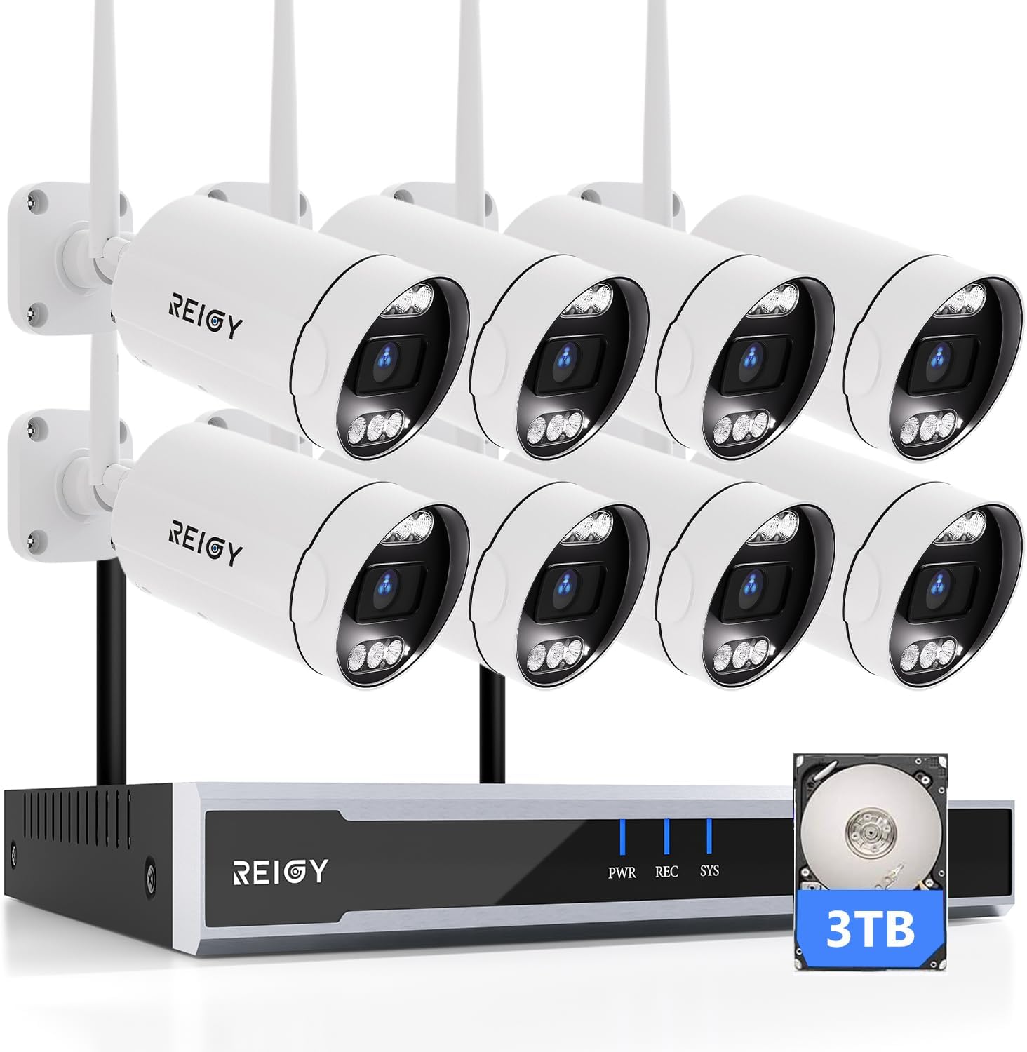 REIGY 5MP Kit Videosorveglianza Wifi 8 Telecamere da Esterno con Disco Rigido da 3TB Preinstallato, Sistema Telecamera Sorveglianza 16CH NVR+ 8* 1920P Camera Outdoor, Impermeabile Audio Bidirezionale