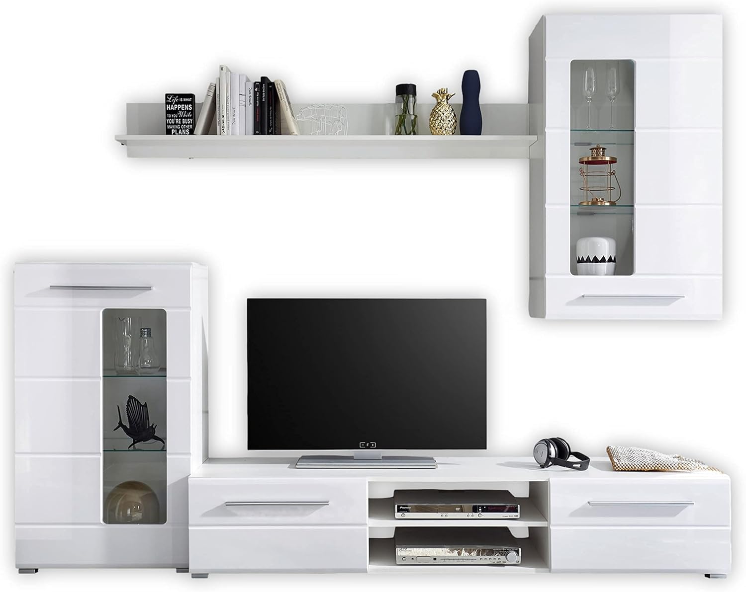 Parete attrezzata Enrique, Set Completo in Bianco Lucido, Contemporaneo Parete attrezzata con Tanto Spazio per Soggiorno, 240 x 190 x 42 cm